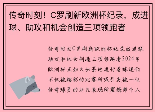 传奇时刻！C罗刷新欧洲杯纪录，成进球、助攻和机会创造三项领跑者